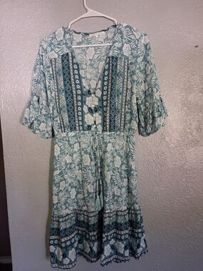 Label Of Love Floral V-Neck Tie-Waist Midi Dress in Teal Boho L